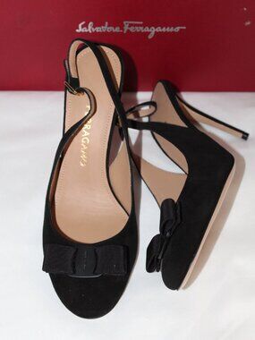 NWB Salvatore Ferragamo Black Suede Leather Pumps Heels Slingback Pumps Bow 9